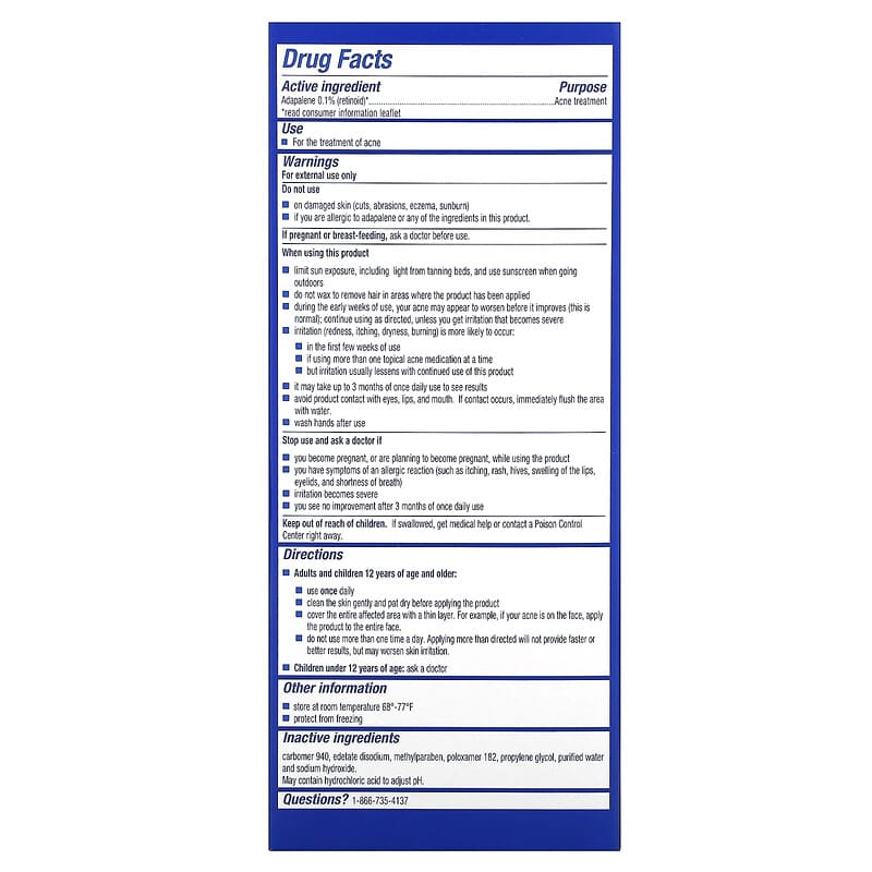 Differin, Gel avec 0,1 % d'adapalène, Traitement de l'acné, Sans parfum, 15 g