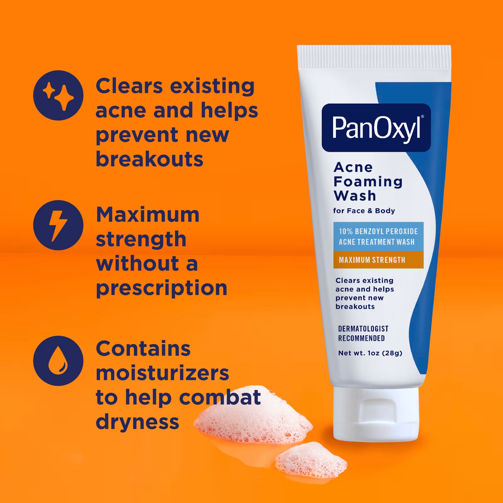 PanOxyl Nettoyant moussant contre l'acné pour le visage et le corps 28 g