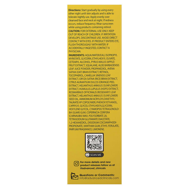 Advanced Clinicals, Sérum antirides au rétinol, 52 ml